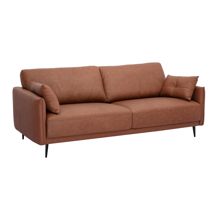 Canapé vintage 3 places cuir marron et bois foncé DAVEN