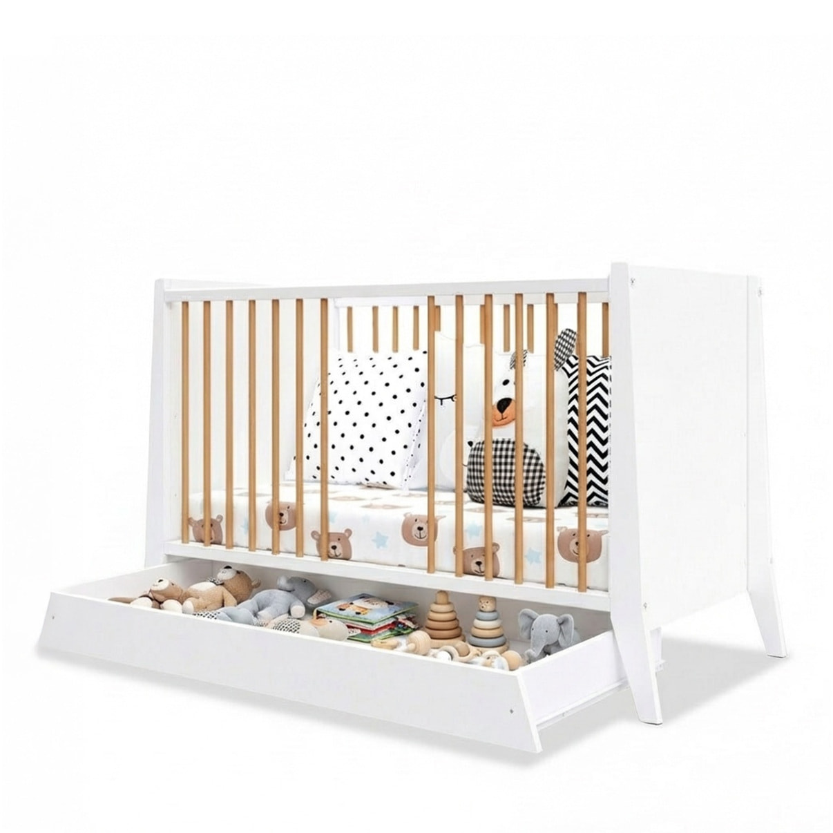 Lit Evolutif Timéo à barreaux 60 x 120 cm, Couleur Blanc & Bois, En Bois, 3 Hauteurs, Tiroir intégré, Barreaux amovibles