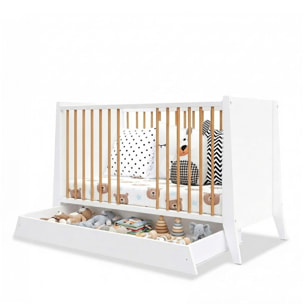 Lit Evolutif Timéo à barreaux 60 x 120 cm, Couleur Blanc & Bois, En Bois, 3 Hauteurs, Tiroir intégré, Barreaux amovibles