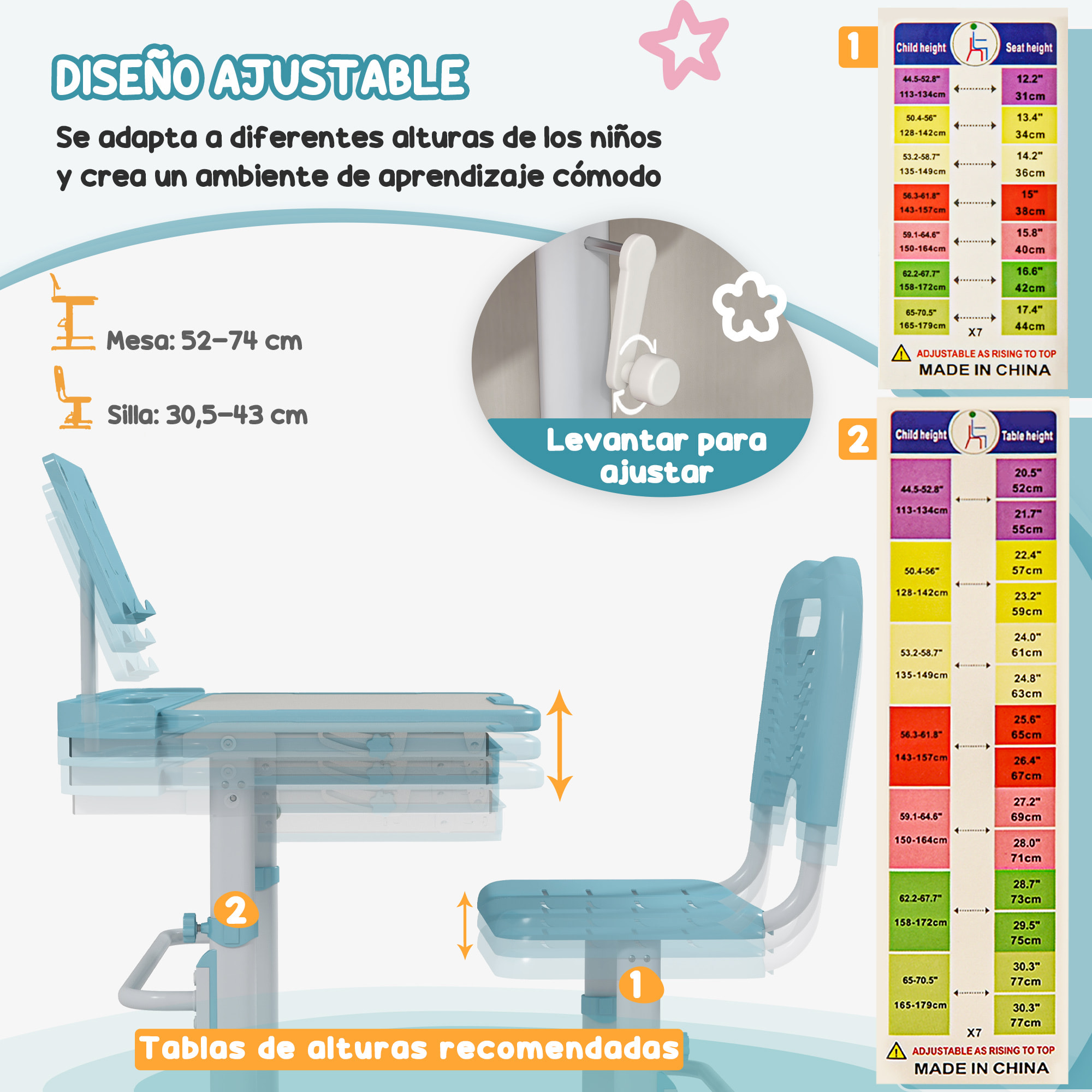 Juego de Escritorio y Silla para Niños de 6-12 Años Pupitre Infantil Altura Ajustable con 1 Cajón 1 Estante para Libros y Ángulo de Mesa Ajustable 80x49,5x82-104 cm Azul y Blanco