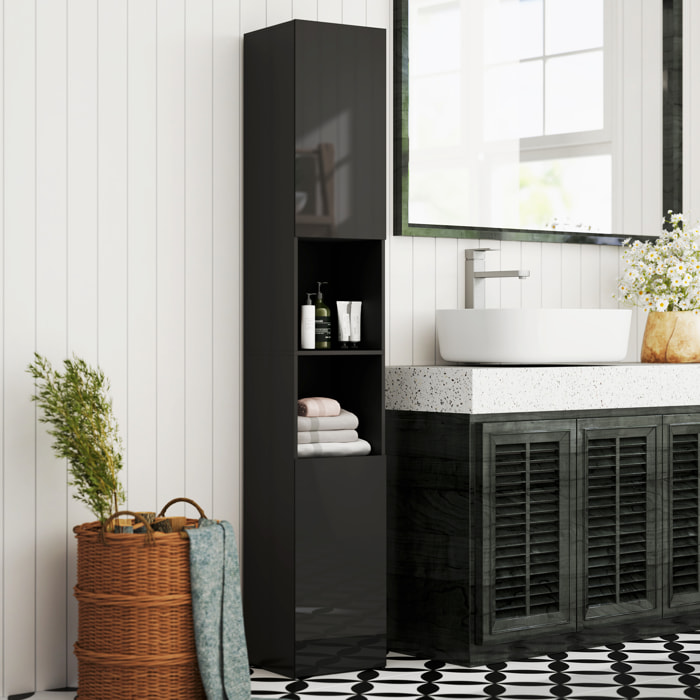 Meuble colonne rangement salle de bain style contemporain façade laquée 2 portes étagères 2 niches noir
