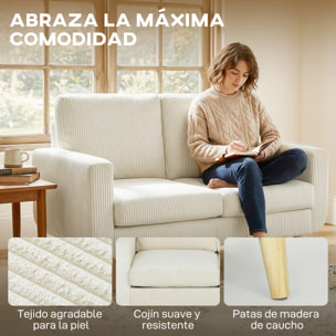 Sofá de 2 Plazas, Tapizado en Pana, Sofá Moderno con Acolchado y Respaldo Grueso, Cojines de Resortes, Patas de Madera, para Dormitorio, Oficina, Sala de Estar, 134x74x84 cm, Blanco Crema