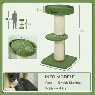 Arbre à chat avec griffoir centre d'activités 2 plateformes coussin vert
