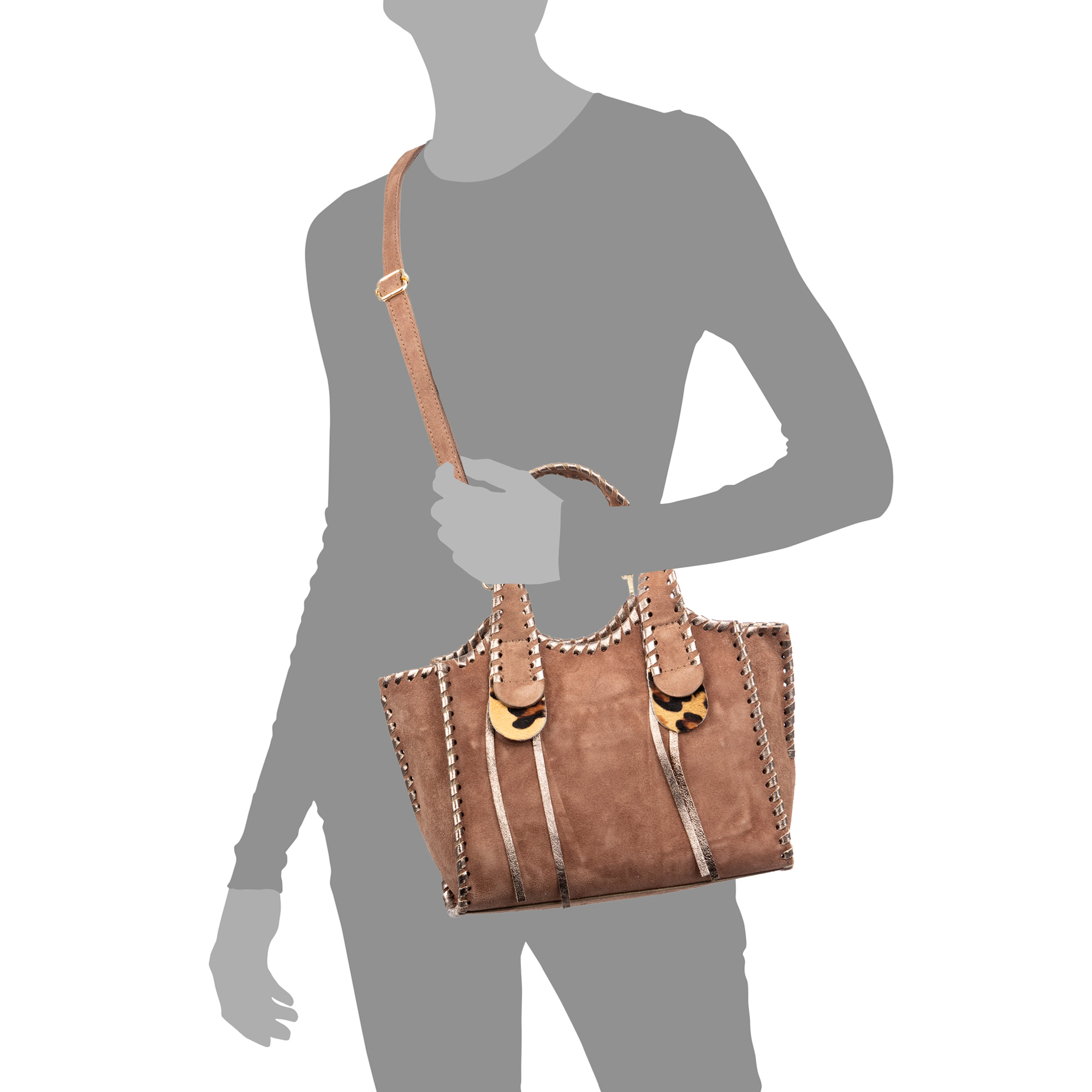 Borsa a mano da donna Avio. Vera pelle scamosciata con cuciture decorative in vera pelle lucida.