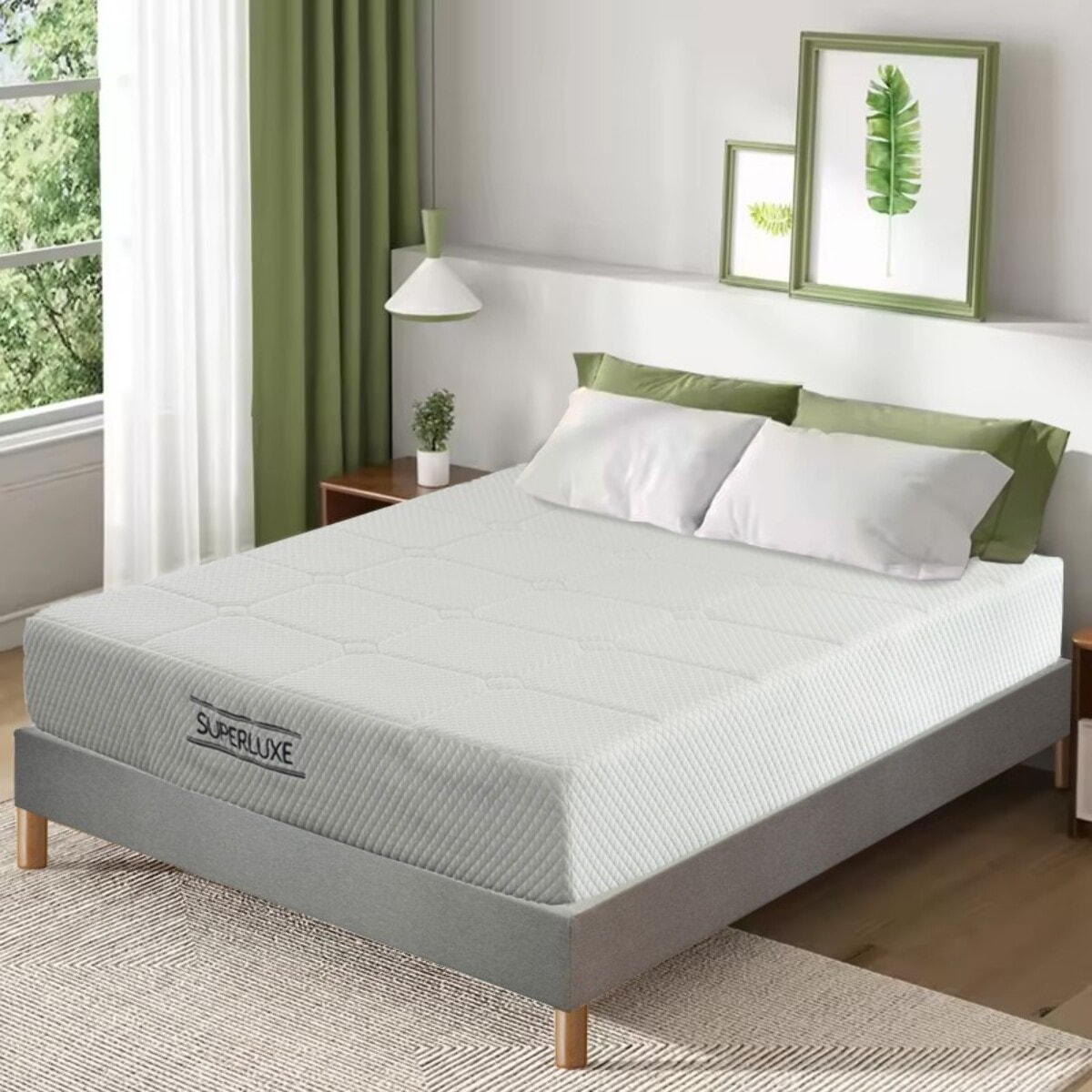 Ensemble Matelas Superluxe - Gamme Luxe Hôtelière - avec son sommier Cancun en tissu gris clair