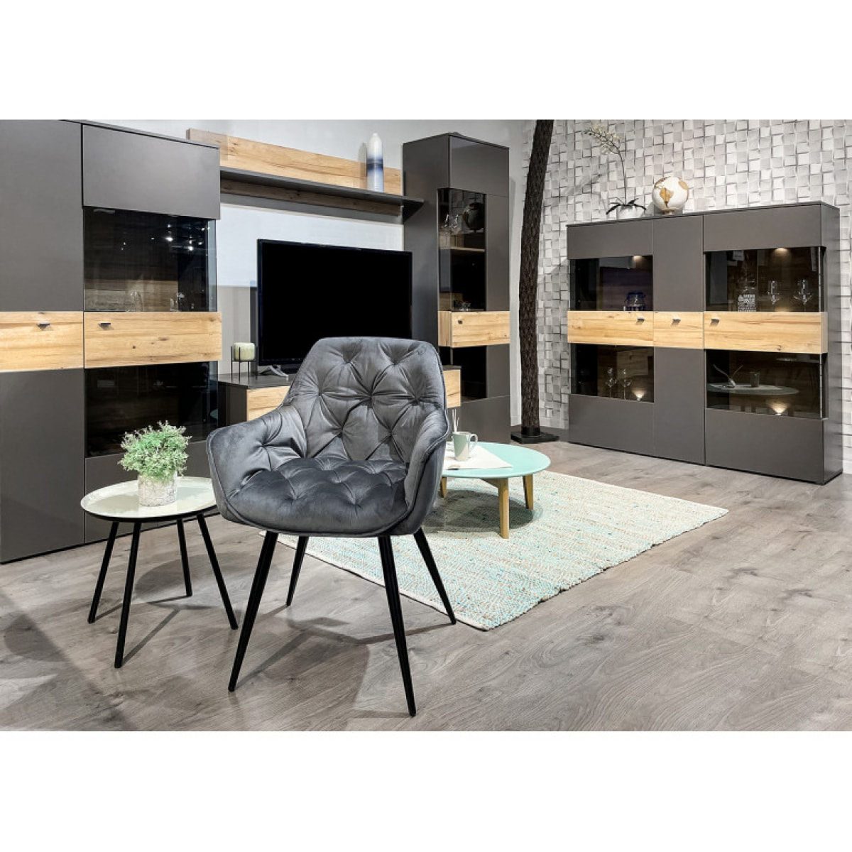 Colonne vitrée 1 porte grise & chêne naturel - ouverture à droite - TONY