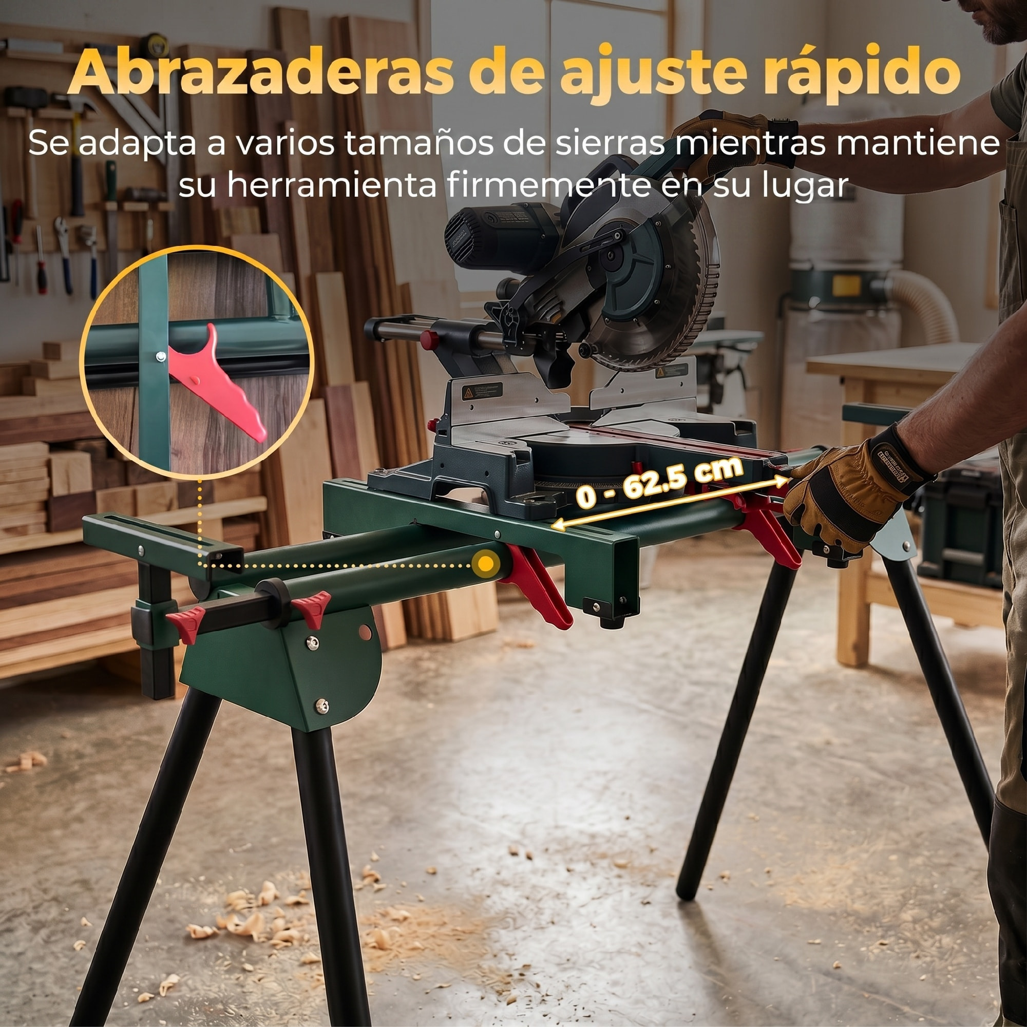 Soporte de Sierra Ingletadora, Universal con Rodillos Extensibles 94-195 cm, Banco de Trabajo Plegable con Altura y Ancho Ajustable, Estructura Metálica Reforzada, Sistema Fijación Carga 150 kg