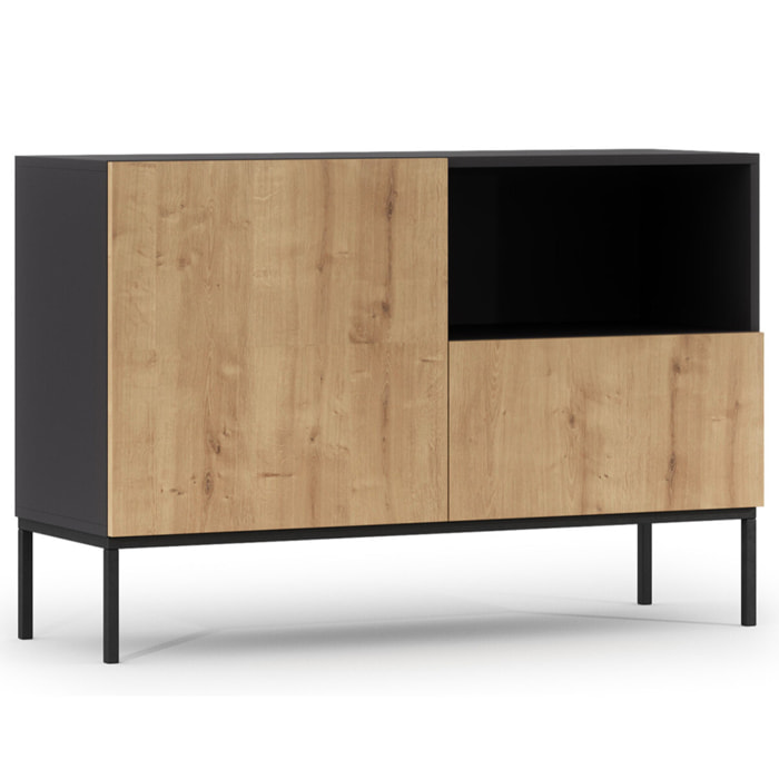 Felicia - buffet bas - effet bois et noir - 1 porte, 1 tiroir et 1 niche - 120 cm - Bois / Noir