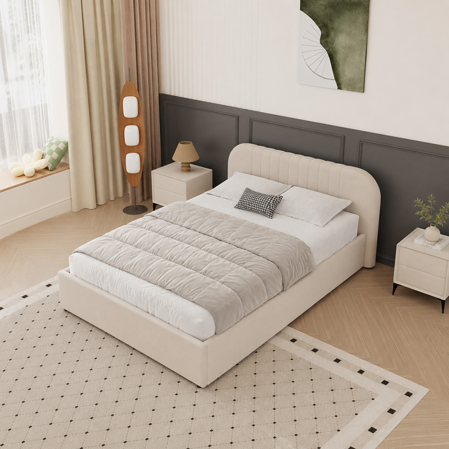 Lit avec coffre de rangement 140x190cm en velours beige MASON
