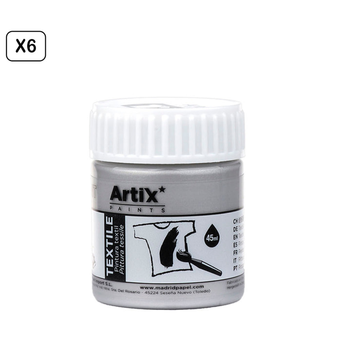 Pack 6 Uds. PINTURA TEXTIL PLATA METALIZADO 45 ml
