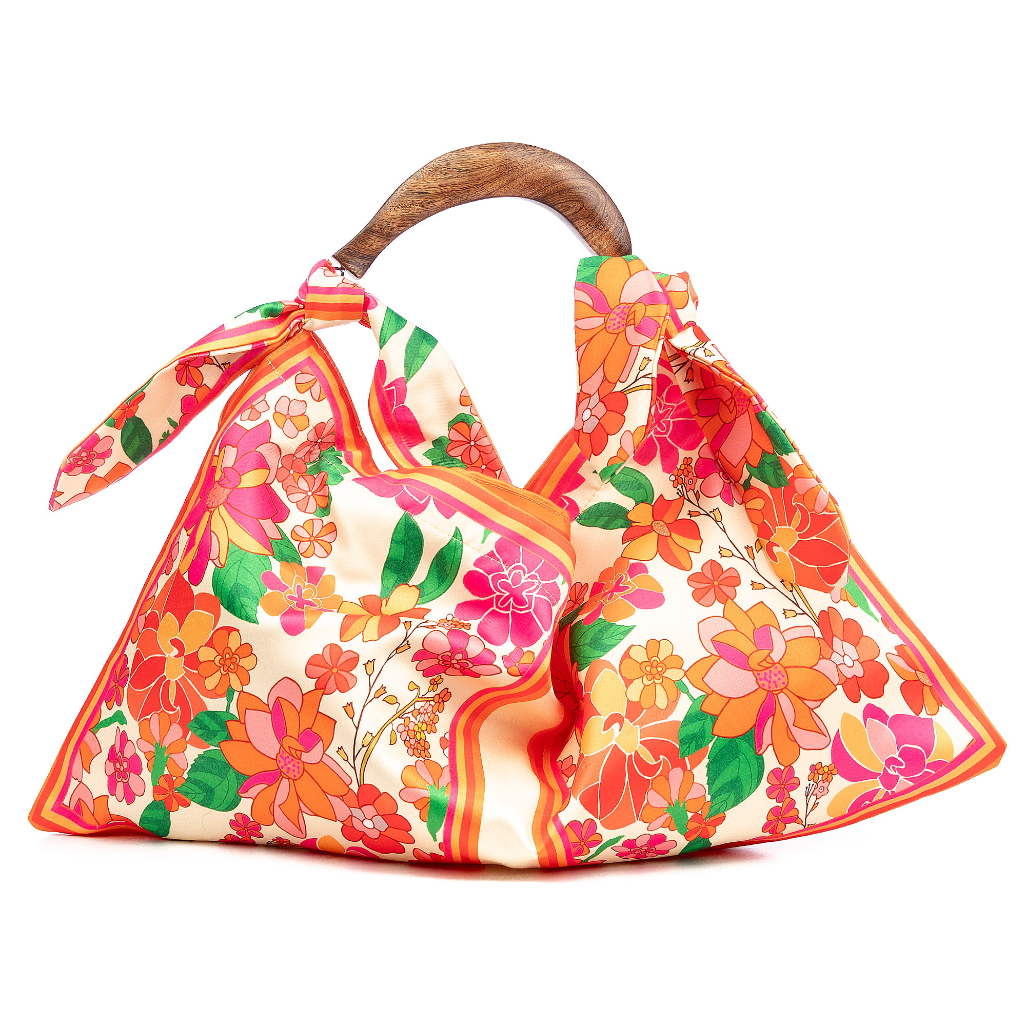 Bereguardo Bolso de hombro Mujer. Fabricado en tejido suave estampado con tintes naturales con asa de madera.