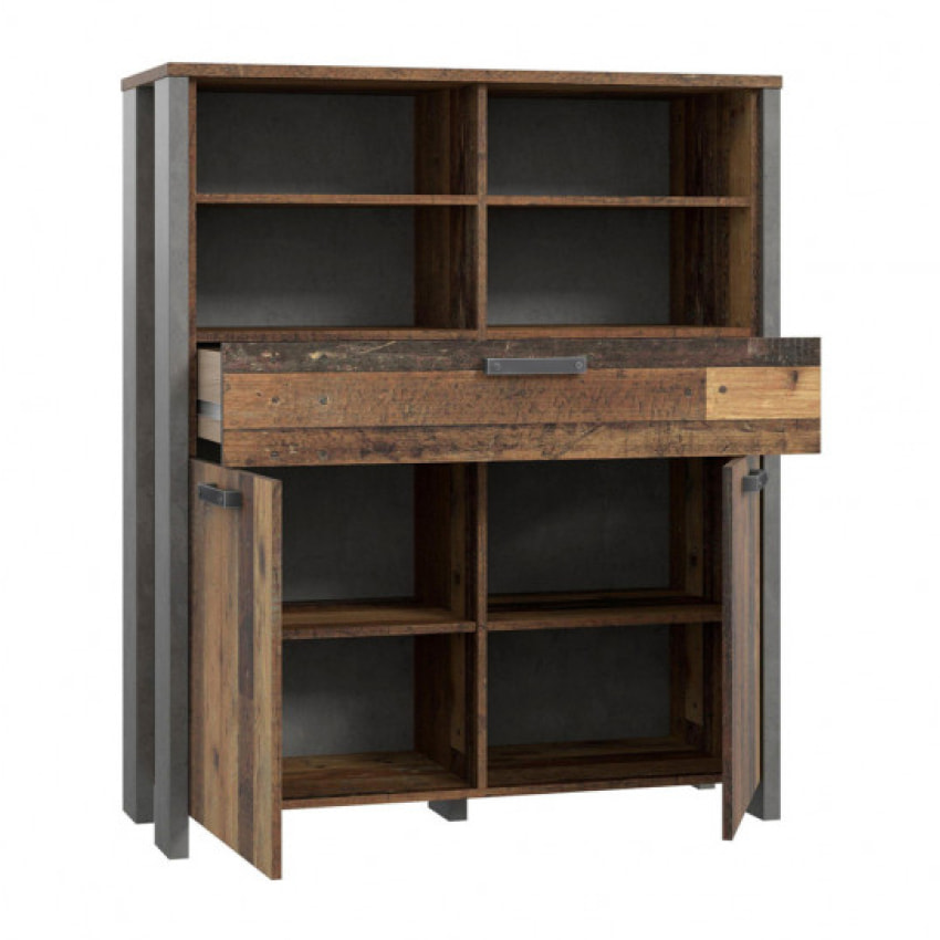 Armoire haute en bois effet bois vieilli H128cm 3 portes - FRED