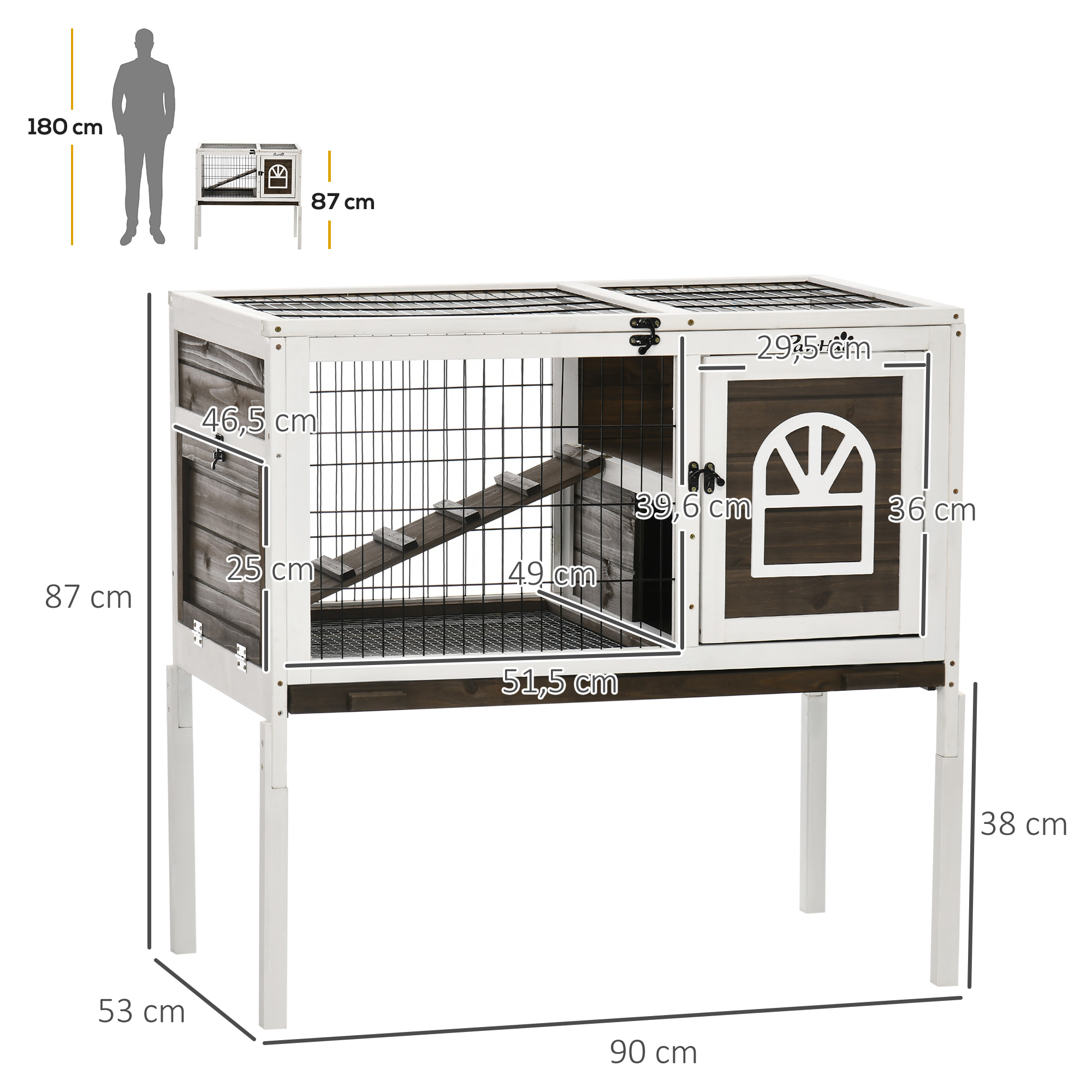 Conejera de Madera Elevada Jaula para Conejos con Zona Abierta Techo Abatible Puertas con Pestillo Bandeja Extraíble y Rampa Conejera para Interior 90x53x87 cm Marrón y Blanco