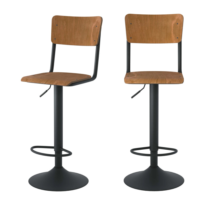 Lot de 2 chaises de bar réglables 60/80 cm en bois foncé - Clem