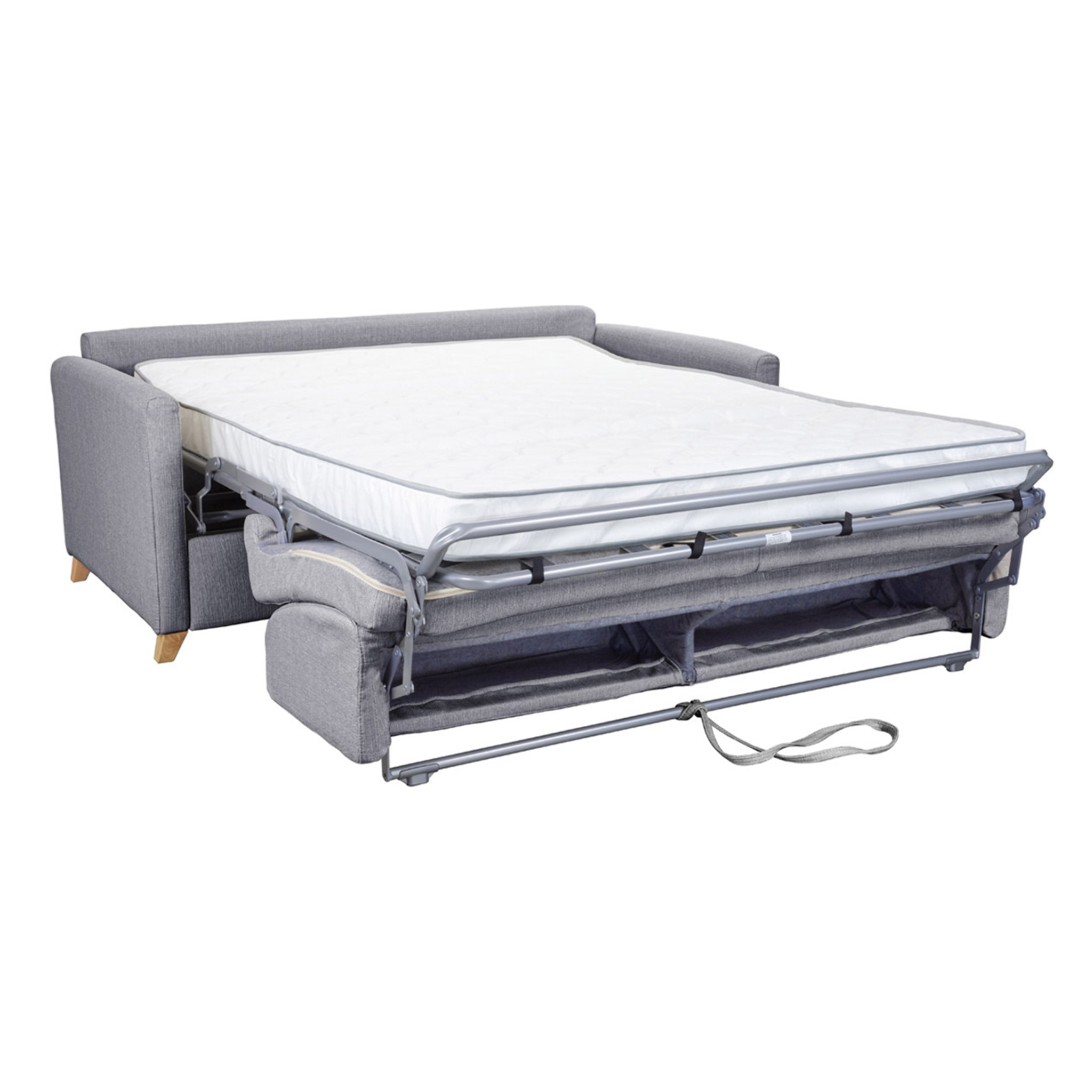 Canapé convertible 3 places en tissu gris clair et bois clair avec matelas 13 cm SKANDY