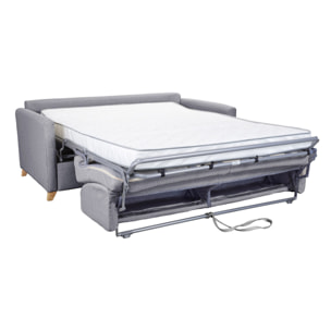 Canapé convertible 3 places en tissu gris clair et bois clair avec matelas 13 cm SKANDY