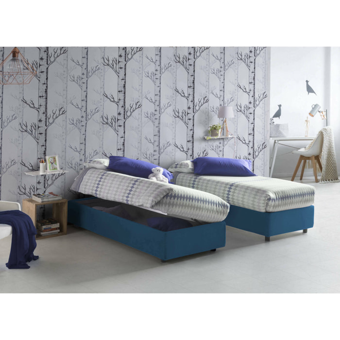 Letto singolo Diana, Letto contenitore con rivestimento in tessuto, 100% Made in Italy, Apertura laterale, con materasso Cm 80x190 incluso, Blu