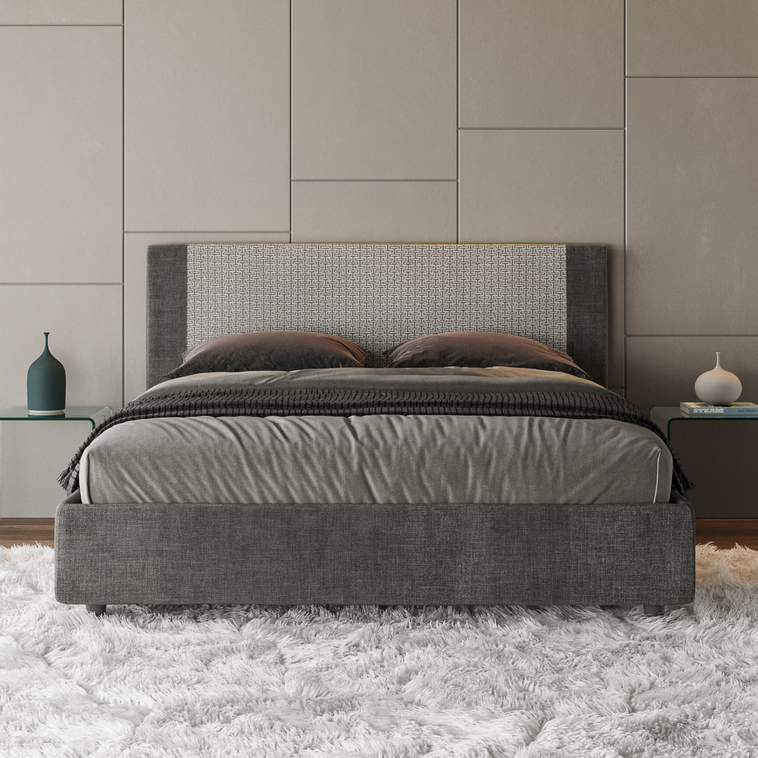 Letto matrimoniale senza rete imbottito 160x210 tessuto Labirinto 02 grigio Rosal