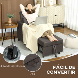 Sofá Cama de 1 Plaza 3 en 1, Sillón Cama Tapizado en Lino, con Respaldo Ajustable de 3 Niveles, Almohada Acolchada, para Oficina, Dormitorio, Salón, 69x82,5x84 cm, Marrón Oscuro