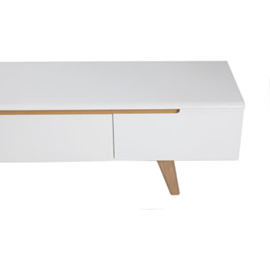 Meuble TV scandinave blanc brillant et bois L180 cm MELKA