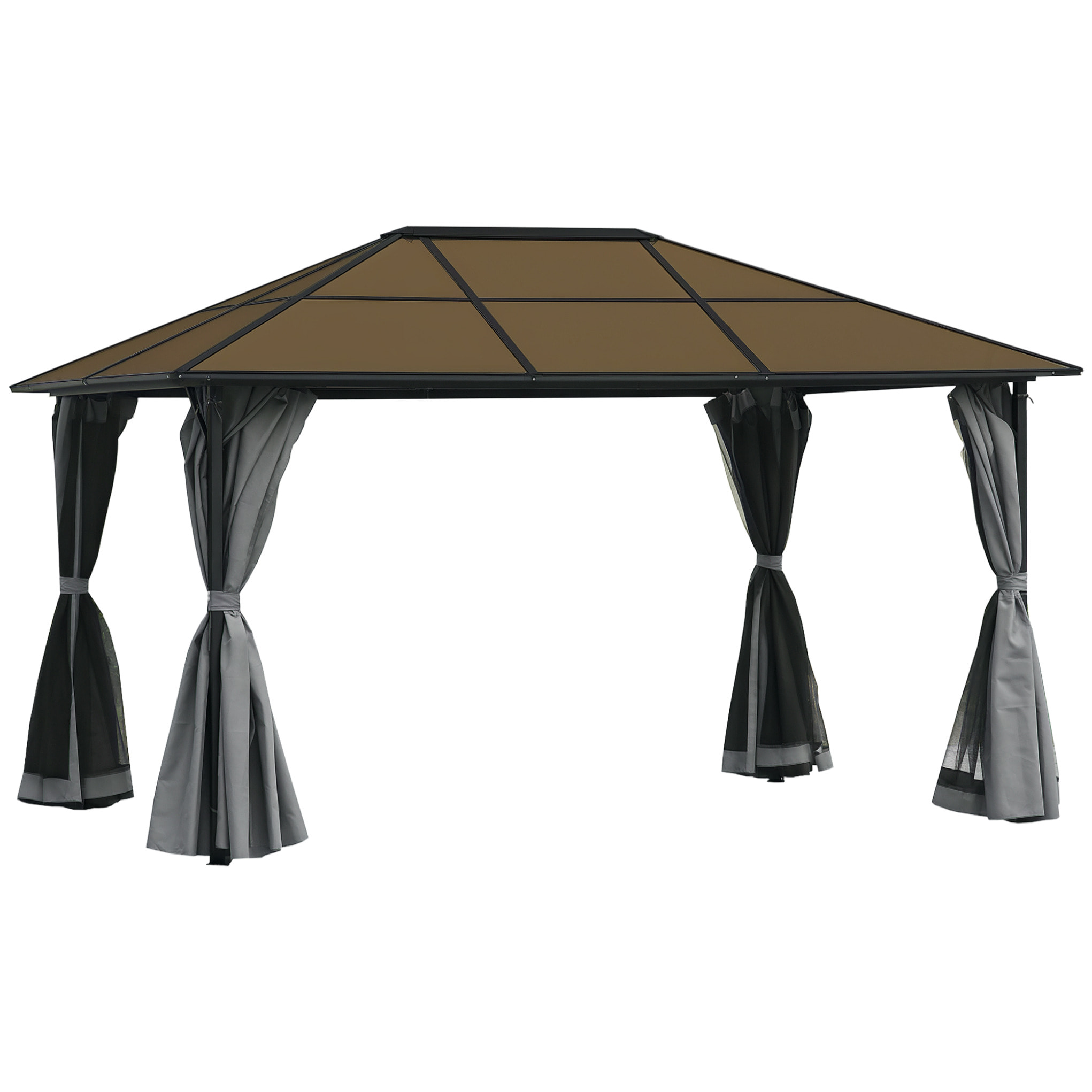 Pavillon de jardin tonnelle rigide dim. 4L x 3l x 2,65H m 4 parois latérales anti-UV gris 4 moustiquaires zippées alu. métal polycarbonate noir brun