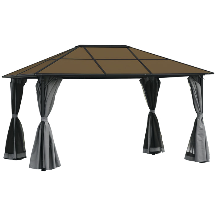 Pavillon de jardin tonnelle rigide dim. 4L x 3l x 2,65H m 4 parois latérales anti-UV gris 4 moustiquaires zippées alu. métal polycarbonate noir brun