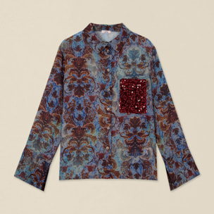 Oltre - Camicia fantasia con taschino in paillettes - Azzurro