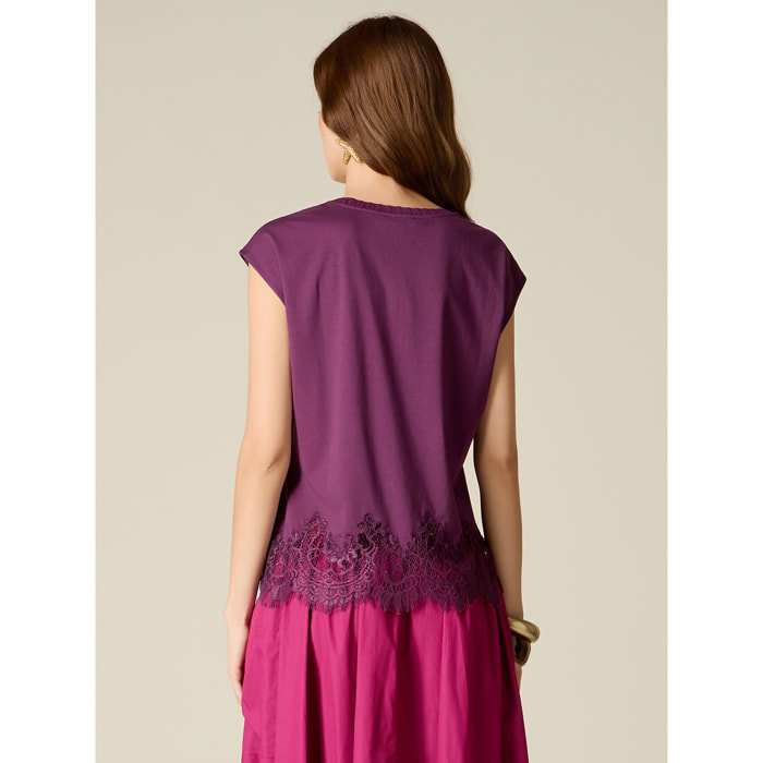Oltre - T-shirt con inserto in pizzo - Viola