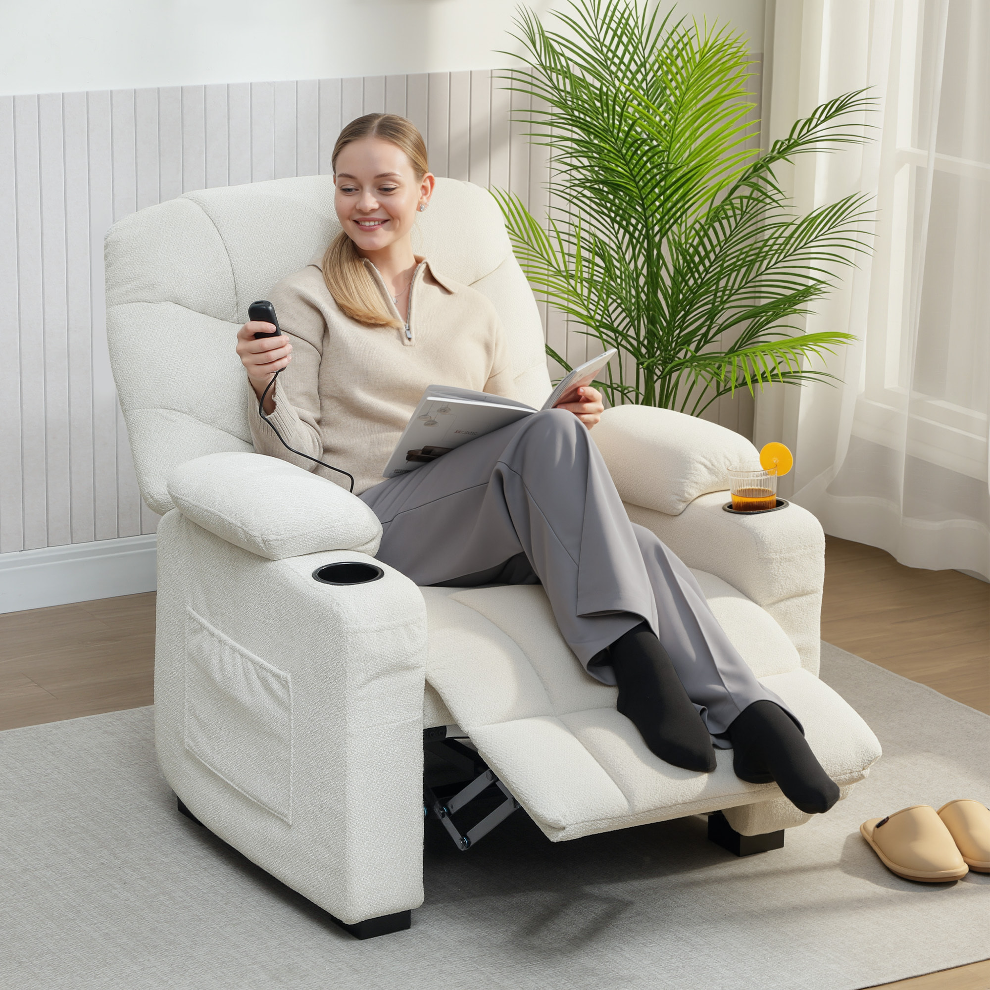 Sillón Relax Reclinable Eléctrico, Sillón Reclinable Silencioso con Función Memoria, Reposapiés, Mando a Distancia, Bolsillos Laterales, Portavasos y Puerto USB, para Dormitorio, Salón, Crema
