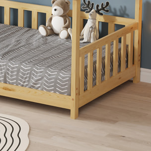 Lit Cabane Tchoupi 90 x 190 cm, Couleur Bois, Bois de Pin Naturel, avec barrières latérales de sécurité