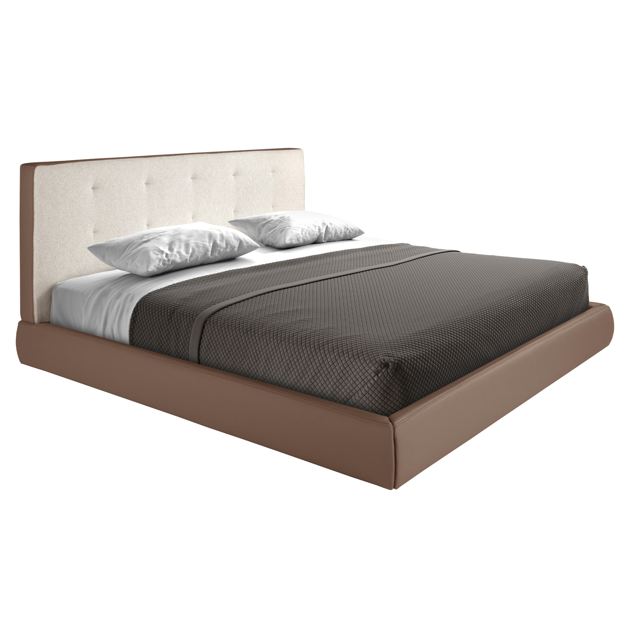 Cama Angel Cerdá capitoné de matrimonio con cabecero en tela en blanco roto y estructura de polipiel en marrón y patas de acero inoxidable en negro 199x224x98cm