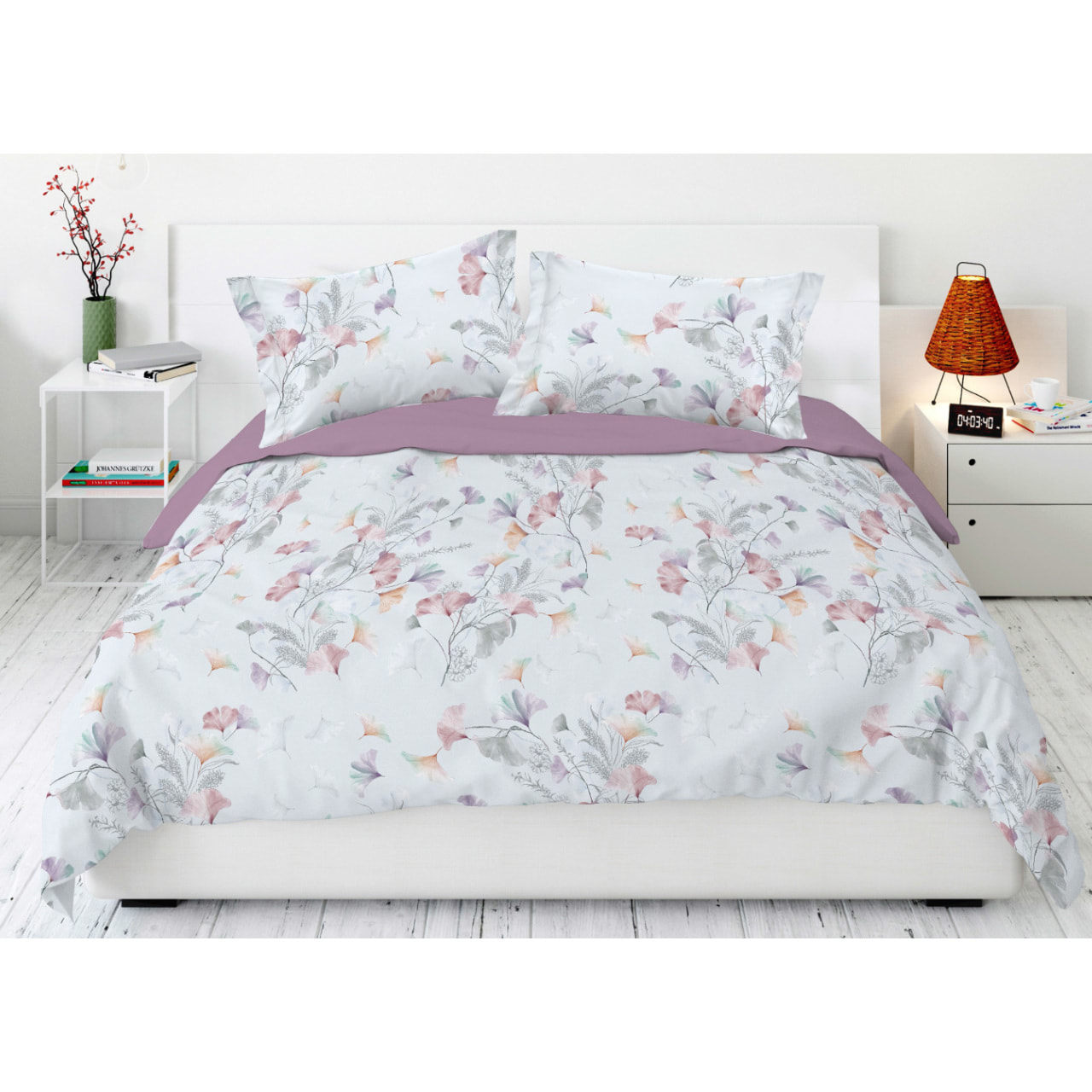 Parure Copripiumino Matrimoniale in Raso 60/60 Sacco e Federe con Fantasia Floreale Ginko Colors