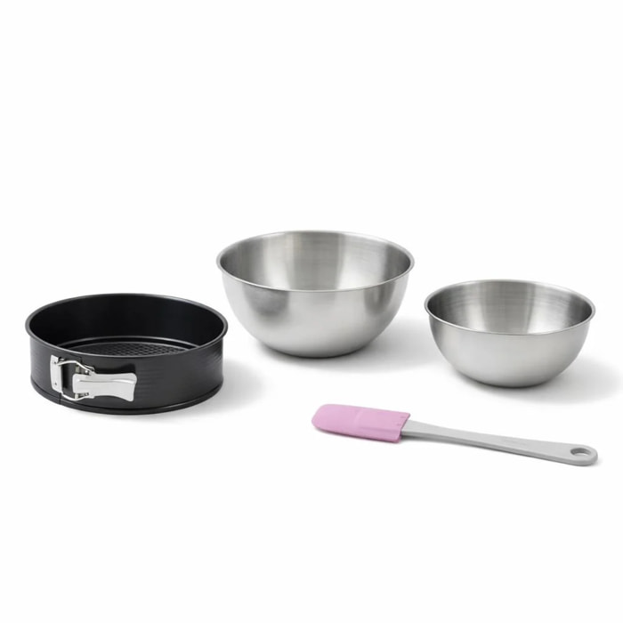 Lot avec 1 Moule à manqué à charnière, 1 spatule Zenker et 2 bols à mixer en inox Fackelmann