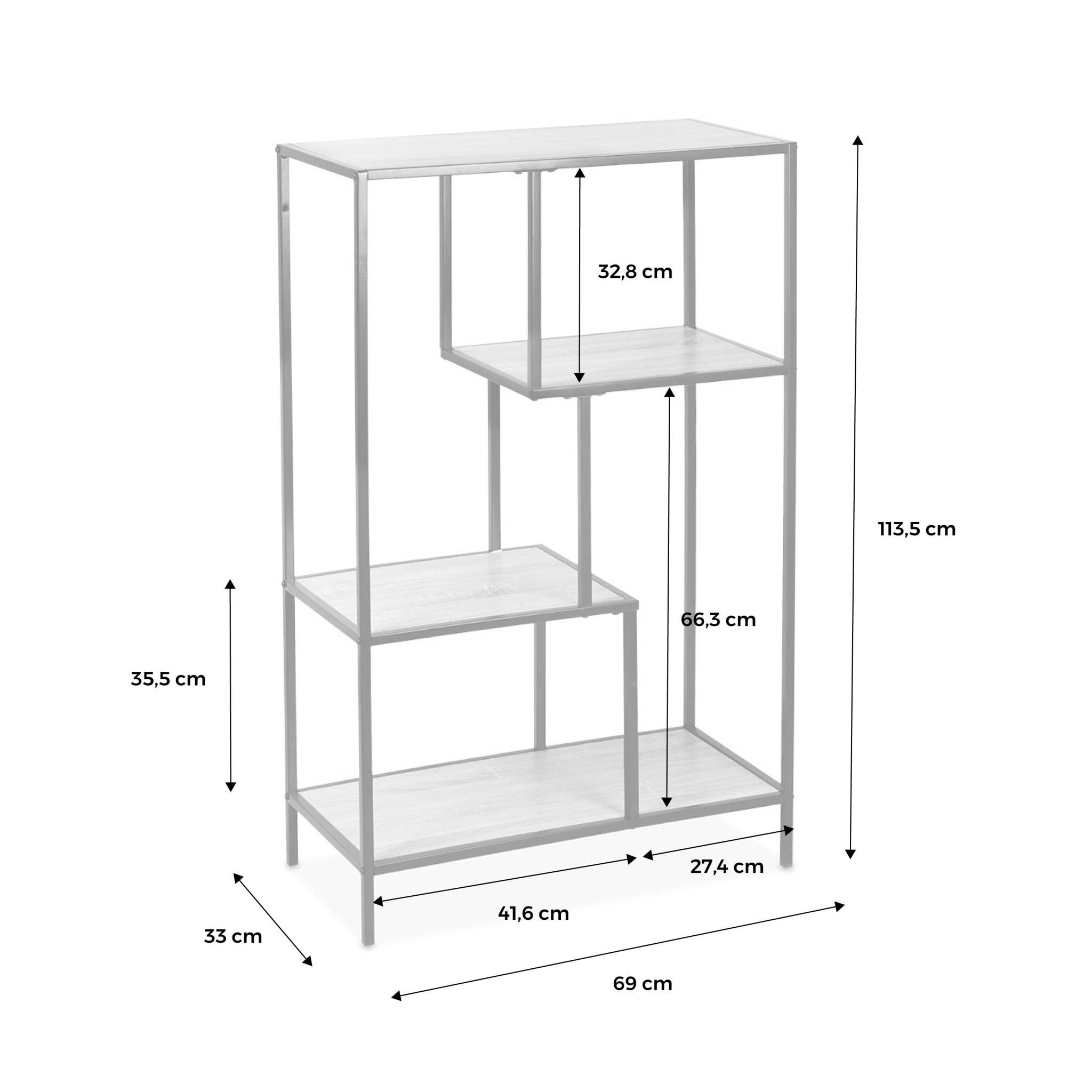 Etagère en métal noir et décor bois - Loft - bibliothèque 4 niveaux. L 69 x l 33 x H 113.5cm