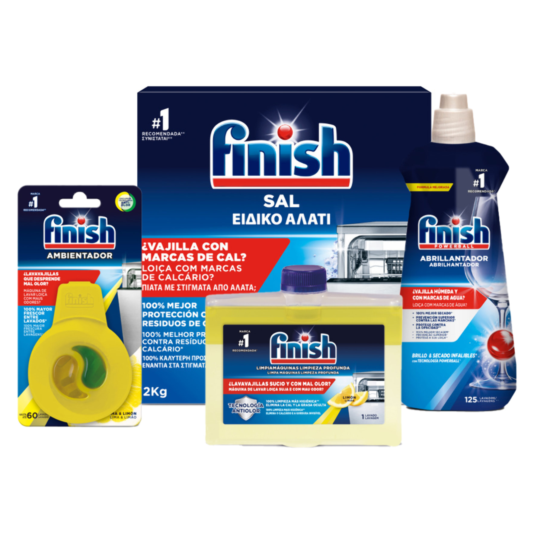 PACK FINISH LAVAVAJILLAS ADITIVOS (ABRILLANTADOR 500ML + SAL 2KG + AMBIENTADOR LIMÓN + LIMPIAMÁQ LIMÓN)