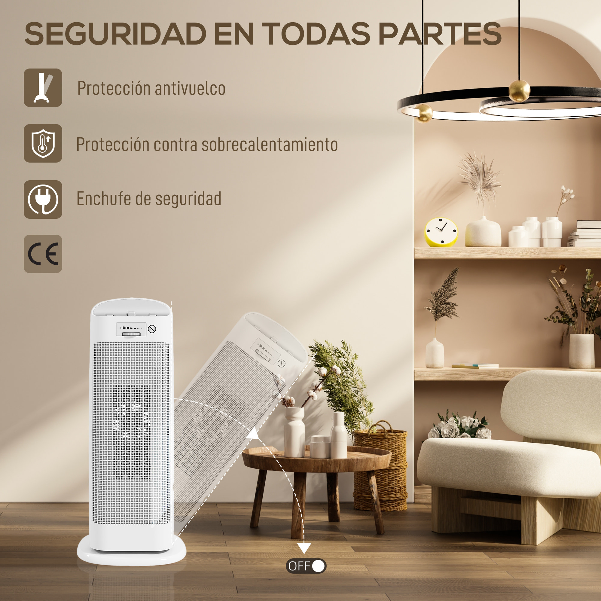 Calefactor Eléctrico Bajo Consumo, 2000W PTC, con 4 Modos, Termostato Regulable, Oscilación de 55°, Protección contra Vuelcos y Sobrecalentamiento para 15Ã£Å½Â¡ en Dormitorio, Blanco