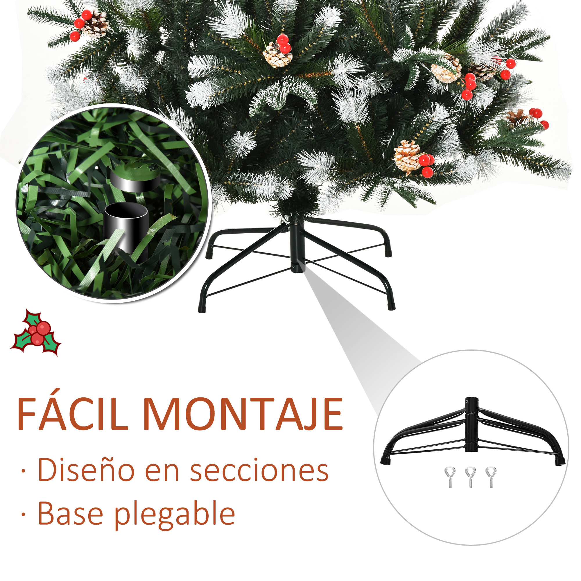 árbol de Navidad Artificial 180 cm con 678 Ramas 53 Piñas y 53 Bayas Hojas de PVC PE Base Plegable y Soporte Metálico Decoración Navideña para Interiores Verde