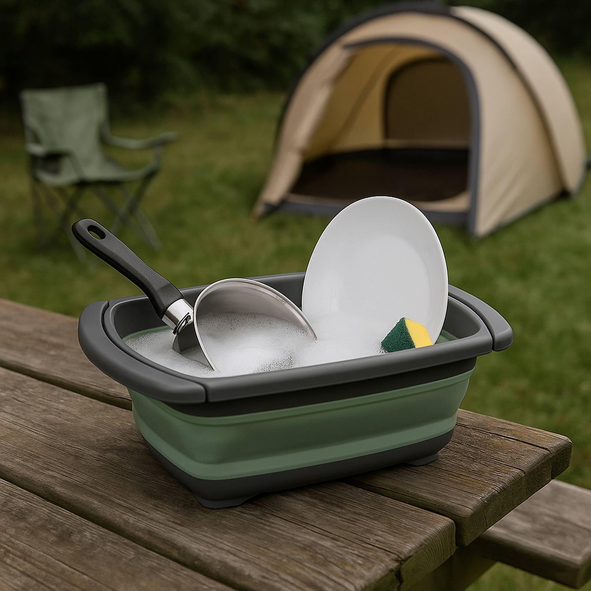 cesta lavavajillas plegable en color verde y gris