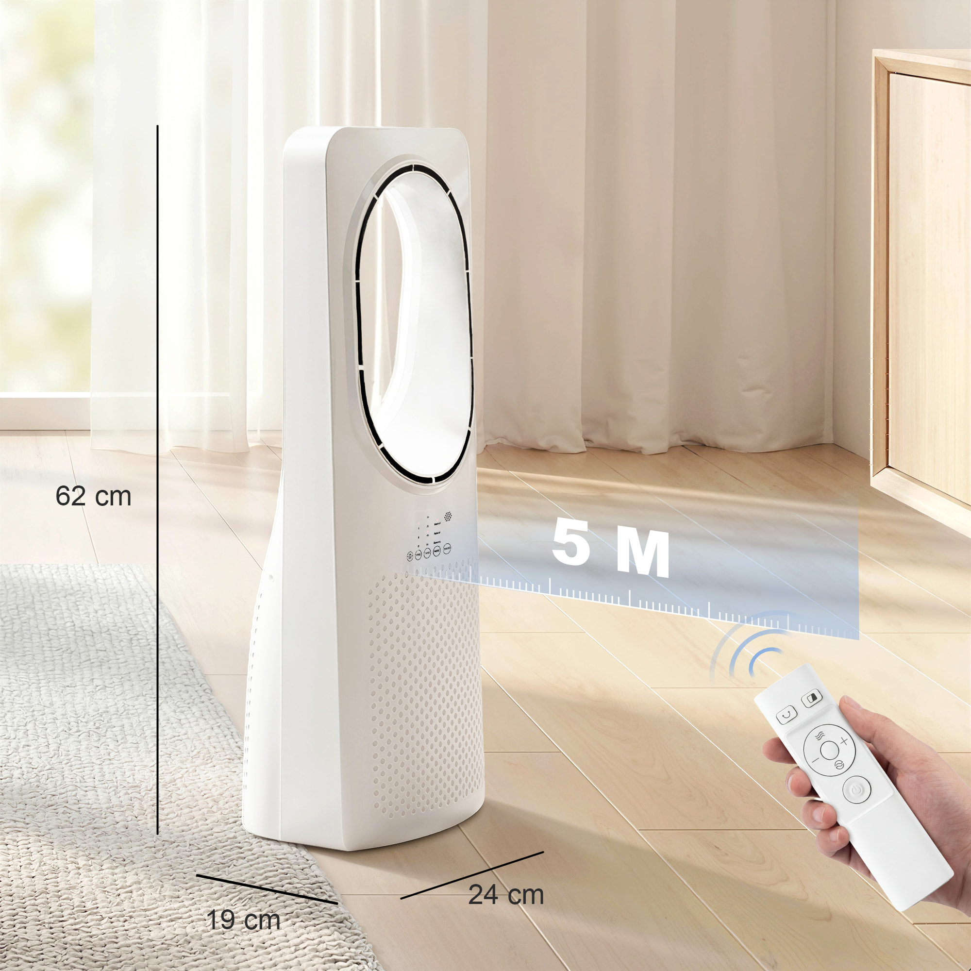 Ventilador de Torre Silencioso 36dB, Ventilador sin Aspas con Mando a Distancia, Oscilación 45°, 3 Velocidades, 3 Modos, Temporizador 15H, para Dormitorio, Blanco
