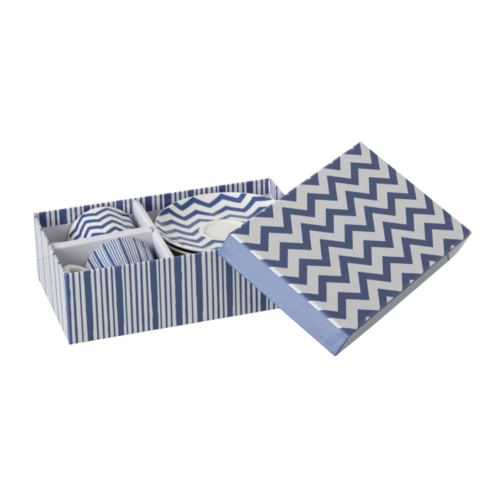 J-Line Tasse + Sous-tasse Ligné - porcelaine - bleu/blanc - small - set de 2