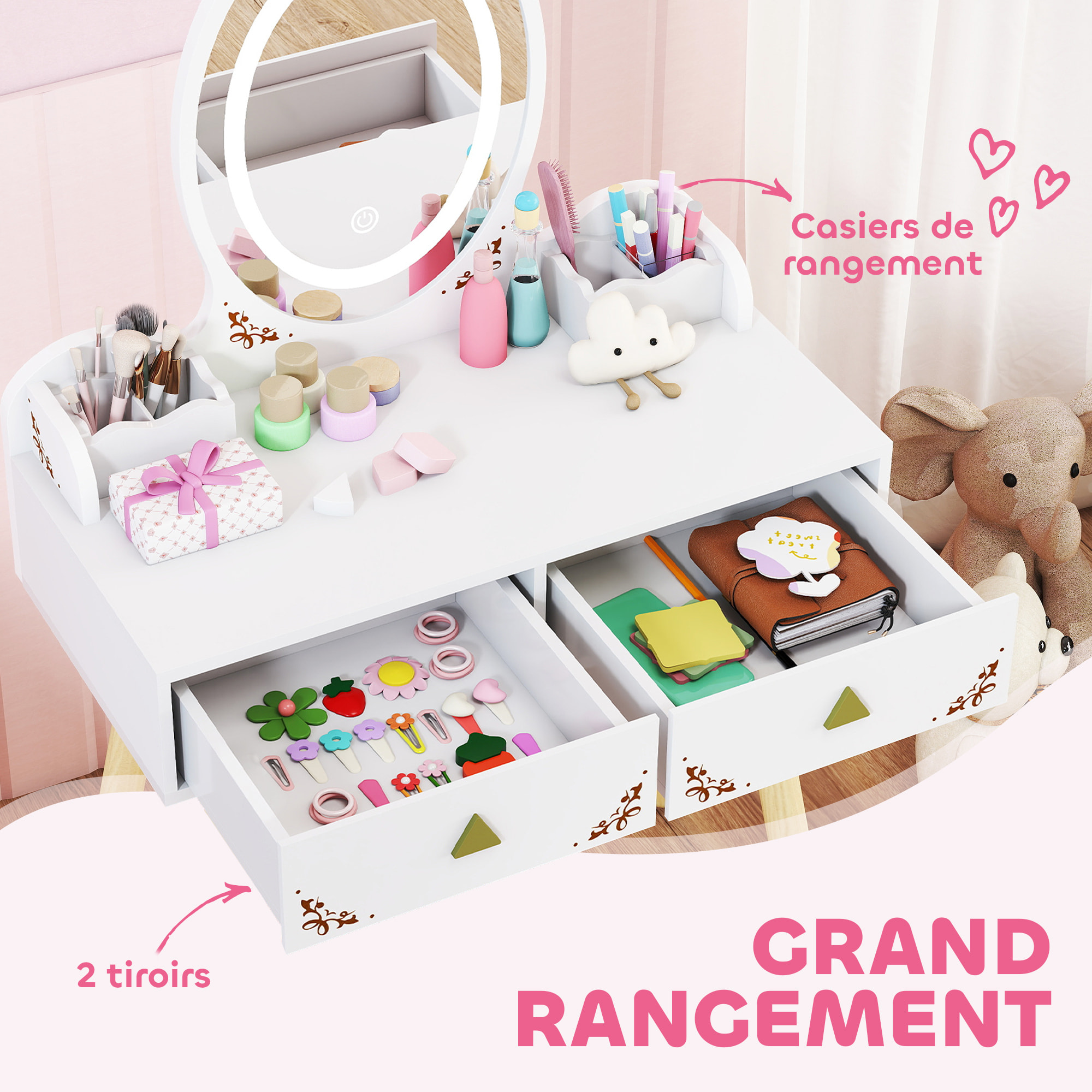 Coiffeuse enfant en bois style scandinave - tabouret assorti, miroir LED 3 couleurs intégré - bois blanc