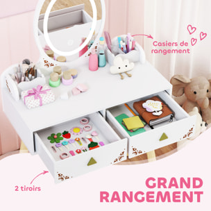 Coiffeuse enfant en bois style scandinave - tabouret assorti, miroir LED 3 couleurs intégré - bois blanc