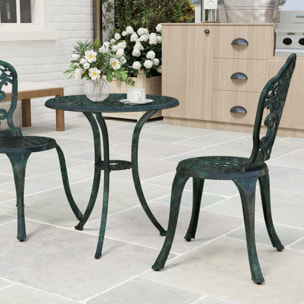Ensemble bistrot de jardin 2 personnes 3 pièces aluminium aspect fer forgé noir vieilli vert