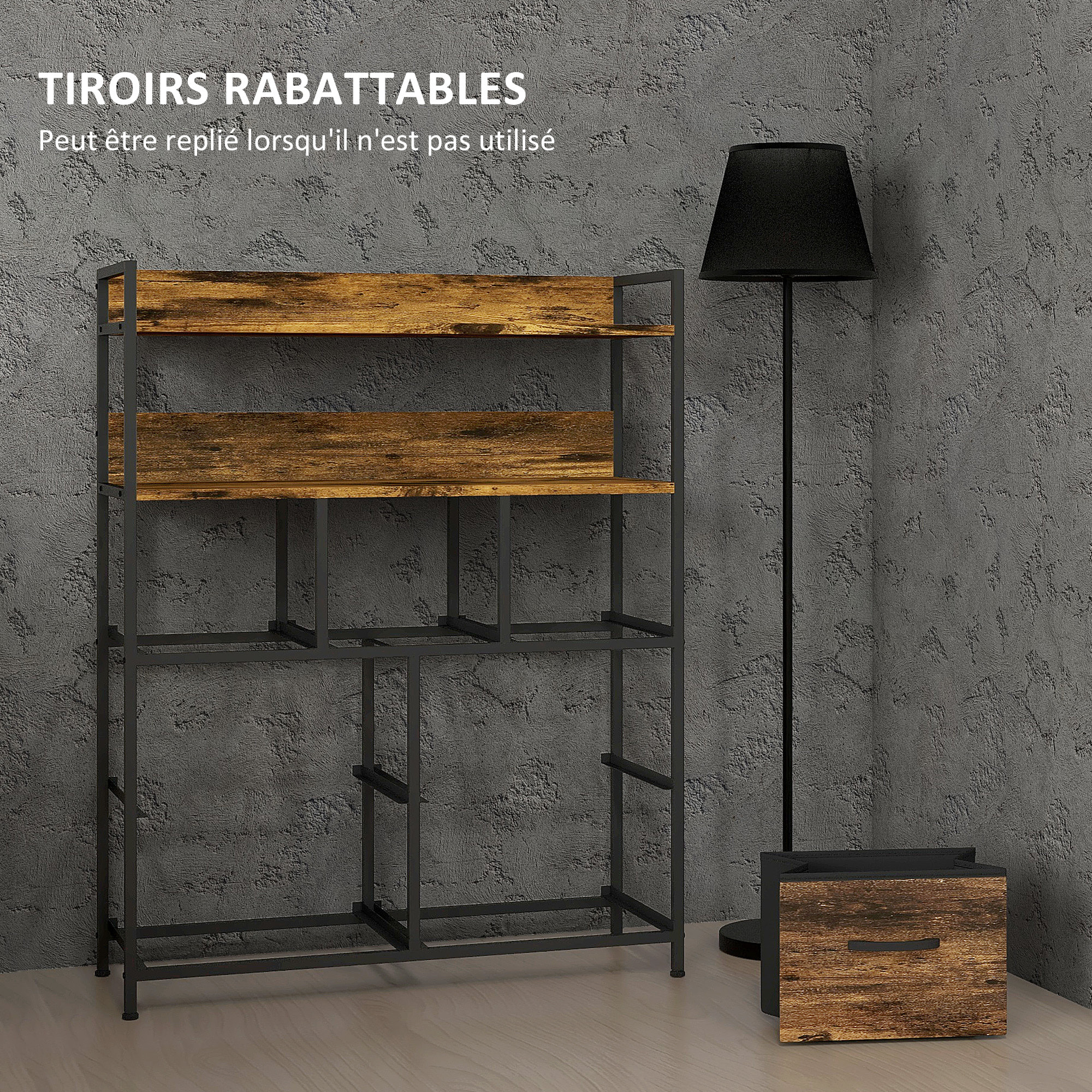 Commode style industriel - 7 tiroirs, 2 étagères - acier noir MDF non tissé effet bois vieilli