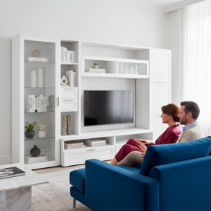 Parete Attrezzata Soggiorno Con Vetrina 6 Ante Battenti E 3 Ribalte Ampio Mobile Porta TV Con Ripiani Design Moderno Living 300 x 50 x 215 Cm Bianco