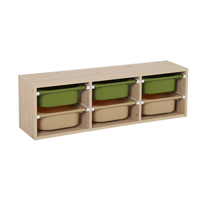 Meuble de rangement naturel pour enfant. 6 bacs en plastique vert olive taupe - Sora
