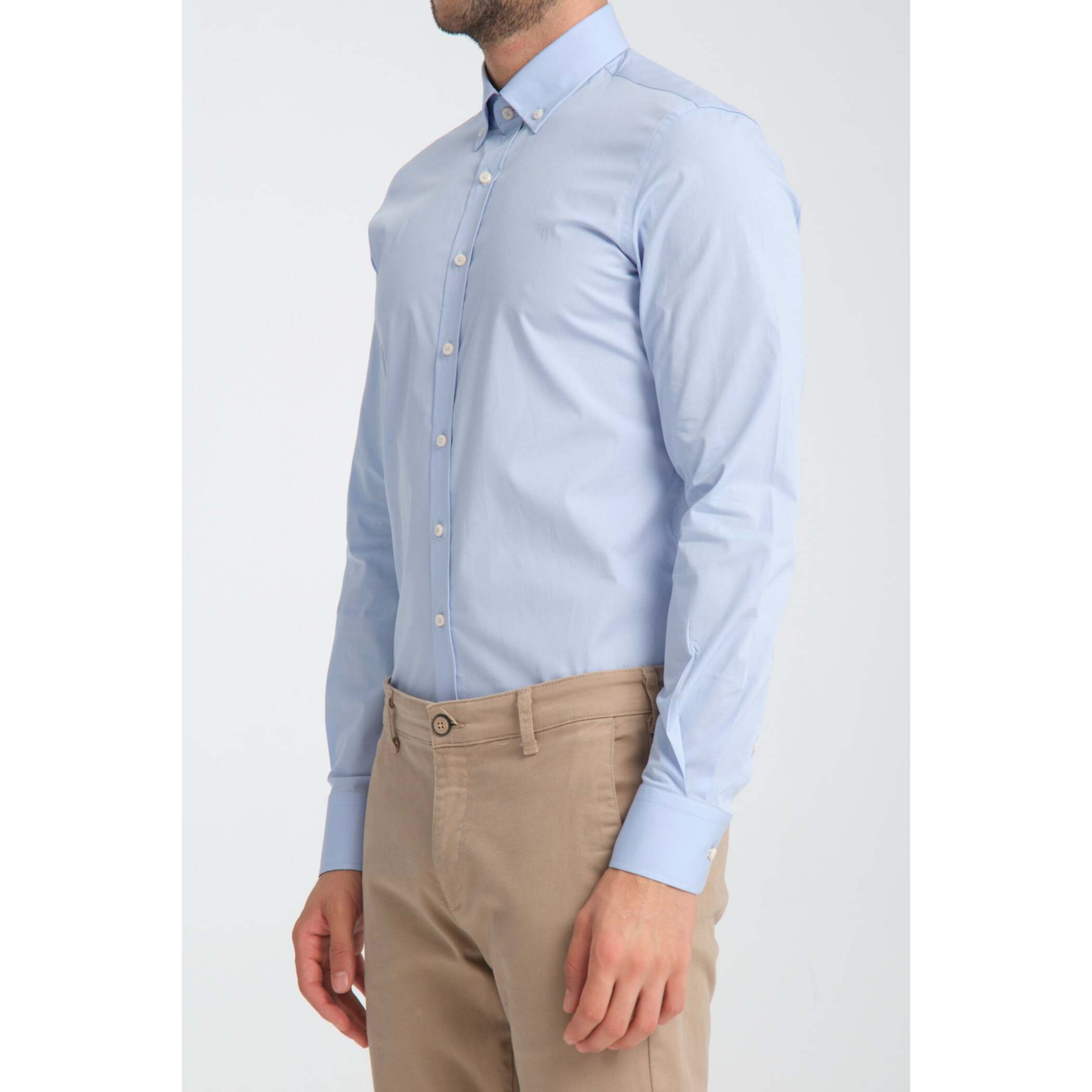camicia uomo 1 bottone button down slim Popeline Stretch Unito Celeste