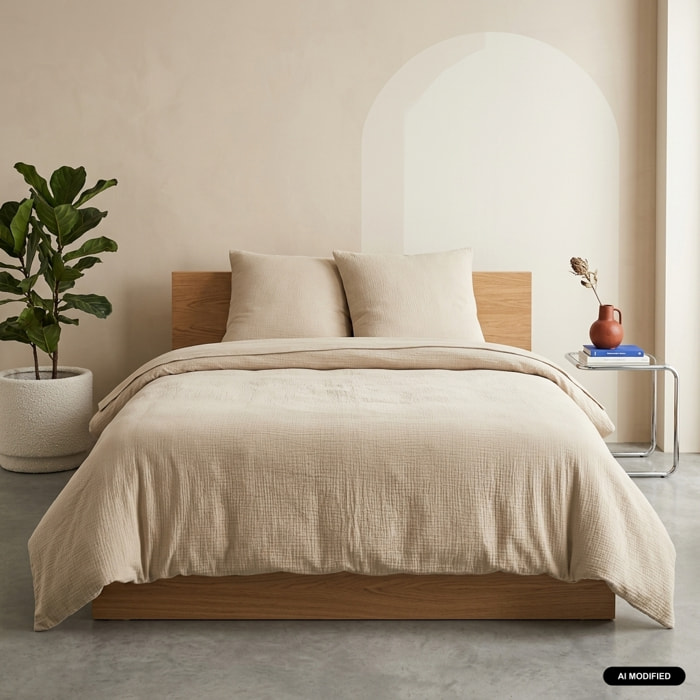 Parure de lit gaze de coton 2 places beige ALIX