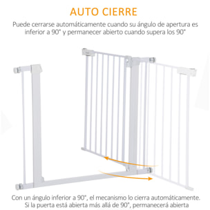 Barrera de Seguridad de Perros Extensible para Escaleras y Puertas 75-96 cm con 2 Extensiones de 7 cm Cierre Automático y Marco de Acero Altura 76 cm Blanco