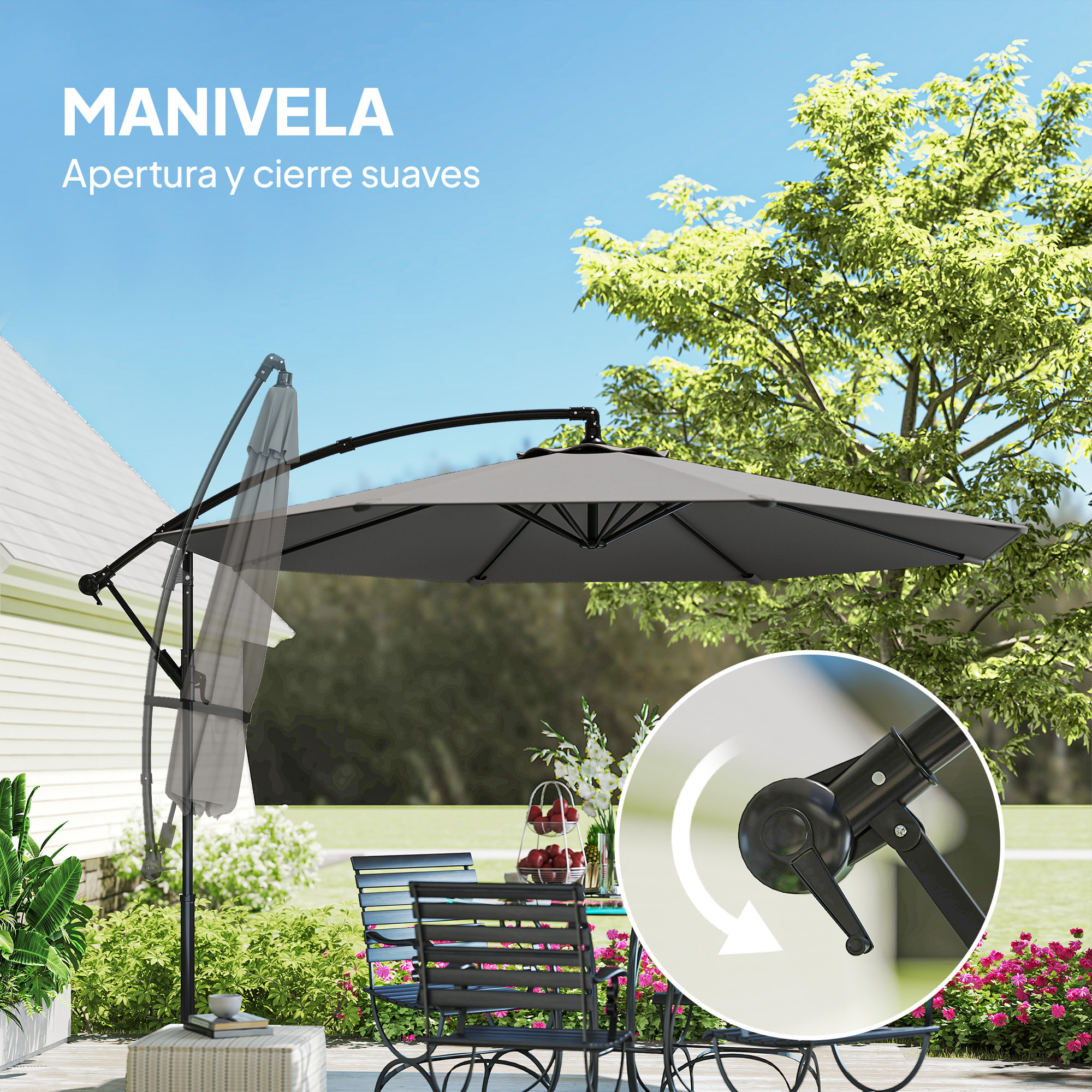 Parasol Excéntrico, Ø300 cm, Sombrilla de Jardín con Base Cruzada, Toldo Ajustable, Manivela, 8 Barras, UPF30+, para Terraza, Patio, Exterior, Gris